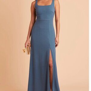 Birdy Grey Blue Alex Crepe Dress XS Formal Slit Bridesmaid Maxi Dress